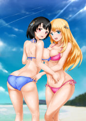 Rule 34 | 10s, 2girls, ass, atago (kancolle), bikini, black hair, blonde hair, blue bikini, blue eyes, breast press, breasts, butt crack, cleavage, day, highres, kantai collection, large breasts, long hair, looking at viewer, looking back, multiple girls, open mouth, outdoors, parsue, pink bikini, red eyes, short hair, side-tie bikini bottom, sky, smile, swimsuit, symmetrical docking, takao (kancolle), wading, water, wet
