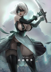 Rule 34 | 1girl, 2b (nier:automata), bare shoulders, black blindfold, black dress, black hairband, black skirt, blindfold, boots, breasts, building, cityscape, cloud, covered erect nipples, covered eyes, dress, feather-trimmed sleeves, feather trim, gloves, hairband, high heel boots, high heels, holding, holding sword, holding weapon, katana, large breasts, leather, leather boots, long sleeves, mole, mole on breast, mole on crotch, nier:automata, nier (series), parted lips, rain wzq, revealing clothes, short hair, silver hair, skirt, sky, skyscraper, standing, sword, thigh boots, thighhighs, thighhighs under boots, vambraces, weapon