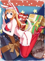 Rule 34 | 1girl, absurdres, animal ears, bag, bikini, blonde hair, blue eyes, box, breasts, charlotte e. yeager, christmas, garter straps, gift, gift box, hat, high heels, highres, hiroshi (hunter-of-kct), kneehighs, large breasts, light smile, long hair, long sleeves, navel, rabbit ears, rabbit tail, santa hat, snowing, socks, solo, star (symbol), strike witches, swimsuit, tail, twitter username, world witches series