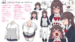 Rule 34 | 1girl, :d, absurdres, afterimage, arm at side, arrow (symbol), averting eyes, barbell piercing, black footwear, blazer, blue jacket, blue skirt, blunt ends, blush, bow, bowtie, breasts, brown hair, buttons, close-up, closed mouth, collarbone, colored eyelashes, colored inner hair, commentary request, cropped shoulders, curled fingers, deformed, dress shirt, ear piercing, embarrassed, facing viewer, fingernails, flapping, flying sweatdrops, from side, full-face blush, full body, hand on own chin, hand up, hands up, heart, heart in mouth, height, highres, industrial piercing, jacket, knees together feet apart, large breasts, loafers, long hair, looking at viewer, looking to the side, looking up, loose bowtie, mikan (chipstar182), miniskirt, mole, mole under eye, motion lines, multicolored hair, multiple views, open clothes, open jacket, open mouth, original, piercing, pigeon-toed, pink hair, pleated skirt, profile, purple eyes, red bow, red bowtie, school uniform, shirt, shoes, shortstack, sidelocks, sideways mouth, skindentation, skirt, sleeves past wrists, slit pupils, smile, speed lines, standing, straight-on, sweat, swept bangs, thighhighs, thighs, translation request, two-tone hair, two side up, white shirt, white thighhighs, zettai ryouiki