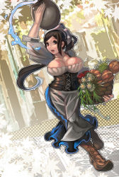 Rule 34 | 1girl, :o, boots, bread, breasts, brown eyes, brown hair, cleavage, death is 13, dragon&#039;s crown, food, highres, large breasts, long hair, looking at viewer, solo, vase, village girl (dragon&#039;s crown), water, wide hips