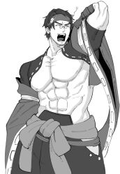 Rule 34 | 1boy, abs, bara, bare pectorals, character request, cowboy shot, glasses, greyscale, guilty gear, highres, hip vent, itaru (kidomh63), large pectorals, male focus, monochrome, muscular, muscular male, nipples, pectorals, short hair, shrug (clothing), solo, squeans, standing, strongman waist, thick eyebrows, yawning