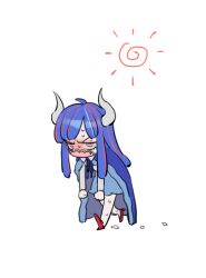 Rule 34 | 1girl, ahoge, blue cape, blue hair, blue skirt, cape, covered mouth, curled horns, dinosaur girl, horns, jewelry, long hair, looking at viewer, lowres, mask, mouth mask, multicolored hair, necklace, one piece, pink eyes, pink hair, pink mask, raine (acke2445), red footwear, simple background, skirt, solo, streaked hair, sun, sweat, ulti (one piece), white background