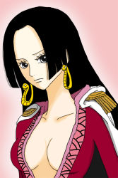 Rule 34 | 1girl, amazon lily, black hair, boa hancock, breasts, cape, cleavage, earrings, female focus, grey eyes, highres, jacket, jewelry, long hair, one piece, red jacket, solo