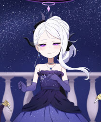 Rule 34 | 1girl, blue archive, blush, closed mouth, collarbone, dangle earrings, demon wings, dress, earrings, elbow gloves, flat chest, gloves, halo, highres, hina (blue archive), hina (dress) (blue archive), jewelry, long hair, necklace, night, official alternate costume, official alternate hairstyle, pendant, purple dress, purple eyes, purple gloves, purple wings, shiroiurushi, sky, smile, solo, star (sky), starry sky, strapless, strapless dress, white hair, wings