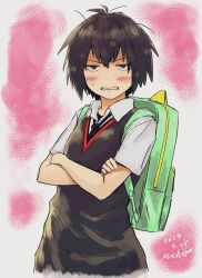 Rule 34 | 1girl, angry, antenna hair, artist name, backpack, bag, black eyes, black hair, black necktie, black sweater vest, blush, breasts, clenched teeth, commentary, crossed arms, dated, dress shirt, embarrassed, green bag, grimace, hair between eyes, hair strand, highres, jitome, kirin (kirinex), looking at viewer, marvel, messy hair, narrowed eyes, necktie, peni parker, pink background, shirt, short hair, short sleeves, small breasts, solo, spider-man: into the spider-verse, spider-man (series), spider-verse, sweatdrop, sweater vest, teeth, upper body, upturned eyes, v-shaped eyebrows, white shirt