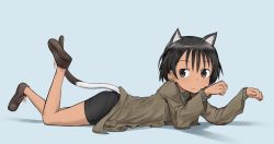 Rule 34 | 1girl, :3, animal ears, bike shorts, black eyes, black hair, black shorts, blue background, brown footwear, brown jacket, brown sweater, cat ears, cat tail, closed mouth, commentary, cross-laced footwear, dark-skinned female, dark skin, emblem, fankupl, from side, full body, highres, jacket, kullamas blengkam, legs up, looking at viewer, lying, military, military uniform, on stomach, paw pose, ribbed sweater, shoes, short hair, shorts, simple background, smile, solo, sweater, symbol-only commentary, tail, uniform, world witches series