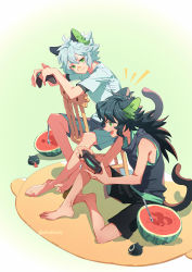 Rule 34 | 2boys, animal ears, bandaid, bandaid on face, bandaid on nose, barefoot, black hair, black shirt, black shorts, cat boy, cat ears, cat tail, chair, controller, food, fruit, game controller, green eyes, grey shorts, highres, long hair, luo xiaohei, luo xiaohei (human), luo xiaohei zhanji, multiple boys, multiple persona, open mouth, profile, shadow, shirt, short hair, short sleeves, shorts, sitting, sleeveless, sleeveless shirt, smile, suncle, tail, twitter username, watermelon, white hair, white shirt