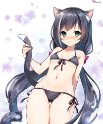 Rule 34 | 1girl, animal ear fluff, animal ears, bare arms, bare shoulders, bikini, black bikini, black hair, blush, breasts, cat ears, cat girl, cat tail, closed mouth, collarbone, floral background, front-tie bikini top, front-tie top, gluteal fold, green eyes, groin, halterneck, halterneck, holding own tail, holding tail, karyl (princess connect!), long hair, looking at viewer, low twintails, mauve, multicolored hair, navel, nose blush, princess connect!, princess connect!, side-tie bikini bottom, small breasts, solo, streaked hair, sweat, swimsuit, tail, tail raised, twintails, twitter username, underboob, very long hair, white background, white hair