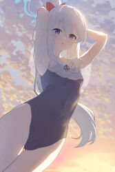 Rule 34 | 1girl, absurdres, applepie (12711019), arms up, blue archive, blue eyes, blush, breasts, cloud, covered navel, evening, frilled one-piece swimsuit, frills, grey hair, hair between eyes, halo, highres, long hair, looking at viewer, miyako (blue archive), miyako (swimsuit) (blue archive), one-piece swimsuit, outdoors, parted lips, ponytail, sidelocks, sky, small breasts, solo, swimsuit, very long hair, wet, wet hair