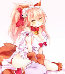 Rule 34 | 1girl, :3, animal ears, animal hands, apron, bad id, bad pixiv id, bell, breasts, cleavage, collar, eru (948143), fate/grand order, fate (series), fox ears, fox tail, gloves, hair ribbon, large breasts, long hair, looking at viewer, naked apron, neck bell, paw gloves, paw shoes, pink hair, ribbon, shoes, sitting, solo, tail, tamamo (fate), tamamo cat (fate), tamamo cat (third ascension) (fate), tamamo no mae (fate/extra), thighhighs, white thighhighs, yellow eyes