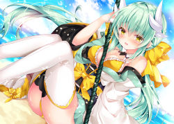 Rule 34 | 1girl, aqua hair, ass, beach, between breasts, bikini, bikini top only, blue sky, blush, bow, breasts, cleavage, cloud, day, detached collar, dutch angle, fate/grand order, fate (series), frilled bikini, frills, hair between eyes, hair ribbon, holding, holding weapon, horizon, horns, kiyohime (fate), kiyohime (fate/grand order), kiyohime (swimsuit lancer) (fate), kiyohime (swimsuit lancer) (first ascension) (fate), knees up, long hair, looking at viewer, medium breasts, nogi takayoshi, ocean, open mouth, outdoors, polearm, ponytail, ribbon, sand, shawl, sitting, sky, solo, spear, summer, sunlight, swimsuit, thighhighs, water, weapon, white thighhighs, wing collar, yellow bikini, yellow bow, yellow eyes, yellow ribbon