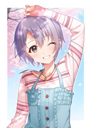 Rule 34 | absurdres, arm up, blue dress, blue sky, blush, buttons, cherry blossoms, collarbone, dress, flat chest, flower, frilled dress, frills, grey eyes, grey hair, grin, highres, holding, holding flower, idolmaster, idolmaster cinderella girls, jewelry, long sleeves, looking at viewer, mikapoe, necklace, one eye closed, otokura yuuki, petals, pink shirt, shirt, short hair, sky, smile, solo, striped clothes, striped shirt, tree, upper body