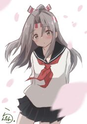 Rule 34 | 1girl, absurdres, alternate costume, arms behind back, artist name, black sailor collar, black skirt, blurry, brown eyes, cherry blossoms, commentary request, depth of field, grey hair, headband, highres, kantai collection, lanthan, neckerchief, petals, pleated skirt, ponytail, red neckerchief, sailor collar, sailor shirt, school uniform, serafuku, shirt, signature, simple background, skirt, solo, white background, zuihou (kancolle)