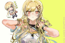 Rule 34 | 1girl, blonde hair, bracelet, closed mouth, commentary, grey hair, hair ornament, hairclip, hand in own hair, jewelry, long hair, looking at viewer, multicolored hair, necklace, official alternate costume, official alternate hairstyle, pink eyes, project sekai, pyongtaro, shirt, short sleeves, star (symbol), star necklace, streaked hair, tenma saki, two-tone background, upper body, white background, white shirt, yellow background