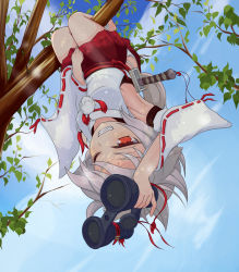 Rule 34 | 1girl, animal ears, armpits, binoculars, blue sky, cloud, covering privates, covering crotch, dappled sunlight, day, grin, hanging, hanging from tree, highres, ichinen konto, inubashiri momiji, long sleeves, one eye closed, red eyes, shirt, silver hair, skirt, sky, smile, solo, sunlight, sword, tail, touhou, tree, upside-down, weapon, wide sleeves, wolf ears, wolf tail