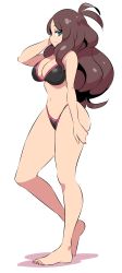 Rule 34 | 1girl, antenna hair, bikini, black bikini, blue eyes, breasts, brown hair, cleavage, creatures (company), feet, full body, game freak, highres, hilda (pokemon), large breasts, legs, long hair, looking at viewer, nac000, navel, nintendo, pokemon, pokemon bw, simple background, smile, solo, stomach, swimsuit, thick thighs, thighs, white background