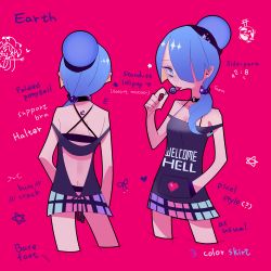 Rule 34 | 1girl, back, bare arms, bare shoulders, black bra, blue eyes, blue hair, bra, butt crack, candy, chibi, chibi inset, clownpiece, collar, collarbone, cropped legs, english text, enlike bishile, food, hair over one eye, hair over shoulder, hand in pocket, hecatia lapislazuli, hecatia lapislazuli (earth), highres, holding, licking, lollipop, long hair, looking at viewer, miniskirt, multicolored clothes, multicolored skirt, multiple views, ponytail, red background, simple background, skirt, tattoo, tongue, tongue out, touhou, underwear, zaonyan