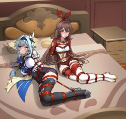 Rule 34 | 2girls, absurdres, amber (genshin impact), arms behind back, bdsm, bed, black shorts, black thighhighs, blue hair, blue hairband, blue necktie, bondage, boots, bound, bound legs, breasts, brown hair, cleavage, commentary request, commission, eula (genshin impact), gag, gagged, genshin impact, hair ornament, hair ribbon, hairband, high-waist shorts, high heels, highres, hogtie, indoors, juliet sleeves, large breasts, long hair, long sleeves, looking at viewer, medium breasts, multiple girls, n17, necktie, puffy sleeves, red ribbon, ribbon, rope, shadow, shirt, short hair, short shorts, shorts, shrug (clothing), thigh boots, thighhighs, thighs, very long hair, white footwear, white shirt, yellow eyes