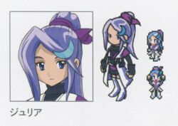 Rule 34 | 1girl, blue eyes, coat, crescent moon, digimon, female focus, happy, julia (digimon), looking at viewer, moon, official art, purple hair, smile, solo