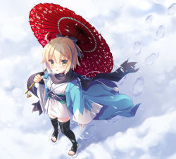Rule 34 | 1girl, :o, ahoge, arm at side, bell, black bow, black footwear, black scarf, blonde hair, blush, boots, bow, breath, day, fate (series), footprints, from above, full body, hair bow, ikegami akane, jacket, japanese clothes, jingle bell, kimono, koha-ace, long sleeves, looking at viewer, looking up, oil-paper umbrella, okita souji (fate), okita souji (koha-ace), open clothes, open jacket, over shoulder, red umbrella, sash, scarf, shinsengumi, short hair, short ponytail, snow, solo, standing, tareme, thigh boots, thighhighs, toeless footwear, umbrella, white kimono, wide sleeves, winter, yellow eyes, zettai ryouiki