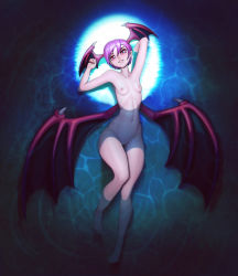 Rule 34 | 1girl, absurdres, afloat, armpits, arms up, bat wings, blush, breasts, demon girl, demon wings, floating, head wings, highres, lilith aensland, looking at viewer, lying, moon, moonlight, navel, night, nipples, nude, on back, pink eyes, pink hair, pussy, short hair, small breasts, smile, solo, stretching, teeth, vampire (game), water, wings, yorzisowo