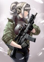 Rule 34 | 1girl, ar-15, breasts, ear protection, gloves, green eyes, gun, highres, jacket, large breasts, optical sight, original, rifle, simple background, sleeves rolled up, smoke, smoking barrel, solo, thick thighs, thighs, trigger discipline, turtleneck, utsucan, weapon, white hair