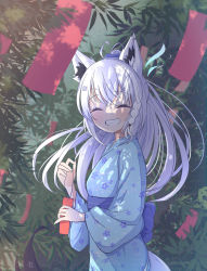 Rule 34 | 1girl, alternate hairstyle, animal ears, blue ribbon, braid, breasts, closed eyes, commentary request, fox ears, fox girl, fox tail, from side, grin, hair ribbon, highres, hololive, japanese clothes, kimono, nananana (nana hololive), obi, ponytail, ribbon, sash, shirakami fubuki, sidelocks, single braid, small breasts, smile, solo, standing, tail, tanabata, teeth, virtual youtuber, white hair, yukata