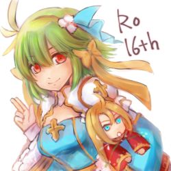 Rule 34 | 1girl, ahat (ragnarok online), anniversary, arch bishop (ragnarok online), blonde hair, blue dress, blue eyes, blue ribbon, bow, character doll, cleavage cutout, closed mouth, clothing cutout, commentary request, doll, dress, dutch angle, frilled dress, frilled sleeves, frills, green hair, hair between eyes, hair bow, hair ribbon, hairband, holding, holding doll, looking at viewer, manoji, official alternate costume, ragnarok online, red eyes, ribbon, sash, short hair, simple background, smile, solo, two-tone dress, upper body, white background, white dress, yellow bow, yellow hairband, yellow sash