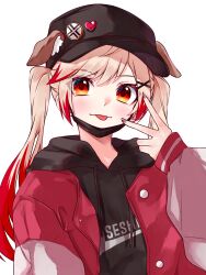 Rule 34 | 1girl, :p, absurdres, animal ears, badge, baseball cap, black hat, black hoodie, blonde hair, blush, brown nails, button badge, buttons, chukachuka, closed mouth, commentary request, dog ears, dog girl, ears through headwear, fingernails, hat, heart pin, highres, hood, hood down, hoodie, jacket, long hair, long sleeves, looking at viewer, medium bangs, nanashi inc., open clothes, open jacket, orange eyes, red eyes, red jacket, seshima rui, simple background, smile, solo, tongue, tongue out, transparent background, twintails, upper body, v, virtual youtuber