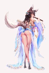 Rule 34 | 1girl, animal ear fluff, animal ears, ass, ass focus, bare shoulders, bent over, blue panties, blush, breasts, brown hair, destiny child, detached sleeves, dress, fox ears, fox girl, fox tail, from behind, hair ornament, high heels, jewelry, lips, long hair, long legs, looking at viewer, multicolored hair, open mouth, panties, renard (destiny child), sideboob, solo, tail, thick thighs, thighs, turning head, underwear, upskirt, white hair, wide sleeves, yellow eyes, zerocat
