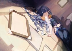 Rule 34 | 1girl, absurdres, book, breasts, closed eyes, commentary, dutch angle, empty picture frame, flower, highres, hip vent, holding, holding book, holding flower, hololive, hololive english, long hair, lying, maskcat, mixed-language commentary, ninomae ina&#039;nis, on back, picture frame, pointy ears, purple hair, rose, sleeping, small breasts, smile, solo, tentacle hair, virtual youtuber, white flower, white rose