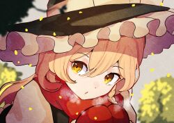 Rule 34 | 1girl, :o, black hat, blonde hair, bow, braid, breath, frilled hat, frills, gloves, hands up, hat, hat bow, highres, kirisame marisa, leaf, looking to the side, medium hair, open mouth, red gloves, red scarf, scarf, single braid, solo, suarokin, touhou, tree, white bow, white sleeves, witch hat, yellow eyes