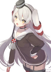 Rule 34 | 1girl, absurdres, amatsukaze (kancolle), brown dress, dress, garter straps, grey neckerchief, hair tubes, hat, highres, kantai collection, lifebuoy ornament, long hair, looking at viewer, mini hat, neckerchief, one-hour drawing challenge, open mouth, red thighhighs, sailor dress, sashimi0gou, short dress, silver hair, simple background, smokestack hair ornament, solo, standing, thighhighs, two side up, white background