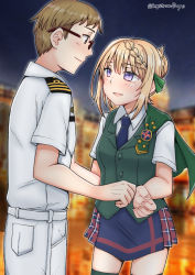Rule 34 | 1boy, 1girl, admiral (kancolle), blonde hair, braid, brown hair, capelet, commission, french braid, glasses, green ribbon, green vest, hair ornament, hair ribbon, highres, kantai collection, military, military uniform, necktie, night, onguuchi, outdoors, perth (kancolle), plaid, plaid skirt, pleated skirt, purple eyes, ribbon, skeb commission, skirt, smile, thighhighs, twitter username, uniform, vest
