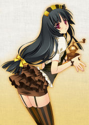 Rule 34 | 1girl, black hair, bow, carnelian, doutor coffee, garter straps, hair bow, headdress, long hair, low-tied long hair, original, personification, red eyes, ribbon, solo, striped clothes, striped thighhighs, thighhighs, vertical-striped clothes, vertical-striped thighhighs, zettai ryouiki