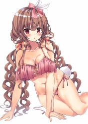 Rule 34 | 1girl, animal ears, arm support, bikini, blush, bow, breasts, chestnut mouth, cleavage, collarbone, commentary request, cross-laced clothes, curly hair, fake animal ears, frilled bikini, frills, front-tie bikini top, front-tie top, highres, honoka chiffon, light brown hair, long hair, looking at viewer, medium breasts, navel, original, pink bikini, pink bow, rabbit ears, rabbit tail, red eyes, ribbon, ringlets, side-tie bikini bottom, sidelocks, simple background, solo, swimsuit, tail, untied bikini, untied bikini bottom, very long hair, white background, yellow ribbon