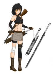Rule 34 | 1girl, ahoge, black hair, boots, grin, gun, hand on own hip, highres, looking at viewer, midnight (banyex), navel, short hair, simple background, skirt, smile, solo, sword, weapon, white background, yellow eyes
