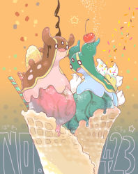 Rule 34 | akadako, animal focus, cherry, chocolate, cream, creatures (company), food, food focus, food on head, fruit, full body, game freak, gastrodon, gastrodon (east), gastrodon (west), gen 4 pokemon, gradient background, happy, highres, ice cream, ice cream cone, in food, japanese text, looking down, nintendo, no humans, object on head, one-hour drawing challenge, open mouth, orange background, pokedex number, pokemon, pokemon (creature), smile, sprinkles, star (symbol), translation request, wafer stick, waffle cone, white eyes