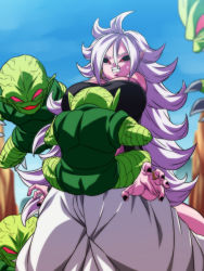 Rule 34 | 1girl, android 21, black nails, black sclera, blue sky, clenched teeth, cloud, colored sclera, colored skin, commentary request, day, dragon ball, dragon ball fighterz, dragonball z, fingernails, hair between eyes, long hair, majin android 21, monster sex, nail polish, outdoors, pink skin, pointy ears, red eyes, rom (20), saibaiman, sky, sweat, tail, teeth, white hair