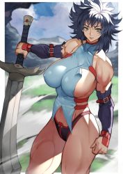 Rule 34 | 1girl, bare shoulders, bastard!!, blue hair, cloud, cloudy sky, collarbone, covered collarbone, covered erect nipples, green eyes, hair between eyes, highres, holding, holding sword, holding weapon, kai harn, looking at viewer, medium hair, mountain, muscular, muscular female, navel, outdoors, parted lips, pink lips, sky, solo, sword, torn, torn clothes, weapon, yoshio (55level)