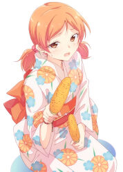 Rule 34 | 1girl, blush, breasts, brown eyes, chrysanthemum print, corn, e20, earrings, floral print, from above, grilled corn, hand up, holding corn, idolmaster, idolmaster cinderella girls, idolmaster cinderella girls starlight stage, japanese clothes, jewelry, kimono, komatsu ibuki, large breasts, long sleeves, looking at viewer, low twintails, obi, obijime, open mouth, orange hair, orange sash, print kimono, sash, short hair, simple background, sitting, smile, solo, sweatdrop, twintails, white background, white kimono, wide sleeves