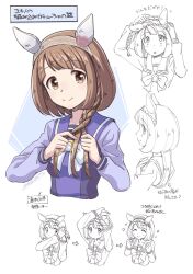 Rule 34 | 1girl, ^ ^, animal ears, arrow (symbol), as&#039;maria, bow, bowtie, braiding hair, breasts, brown hair, clenched hands, closed eyes, closed mouth, cropped torso, ear covers, hairband, hairdressing, highres, horse ears, long sleeves, partially colored, purple shirt, sequential, shirt, short hair, small breasts, smile, sparkle, translation request, umamusume, upper body, yellow eyes, yukino bijin (umamusume)