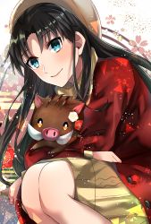 Rule 34 | 1girl, animal, black hair, blue eyes, coat, crossed arms, dress, fate/stay night, fate (series), floating hair, grey hat, grey sweater, hat, highres, holding, holding animal, long hair, looking at viewer, mady (madine08260), open clothes, open coat, red coat, ribbed sweater, short dress, smile, solo, squatting, sweater, sweater dress, tohsaka rin, turtleneck, turtleneck sweater, very long hair