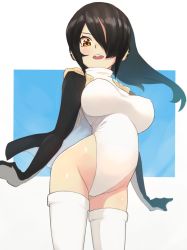 Rule 34 | 10s, 1girl, :d, affiliation, black hair, breasts, brown eyes, cameltoe, covered erect nipples, cowboy shot, emperor penguin (kemono friends), from below, hair over one eye, headphones, highleg, highleg leotard, highres, hood, hooded jacket, hoodie, jacket, kemono friends, large breasts, leotard, long hair, multicolored hair, open clothes, open hoodie, open jacket, open mouth, simple background, smile, solo, streaked hair, thighhighs, turtleneck, white thighhighs