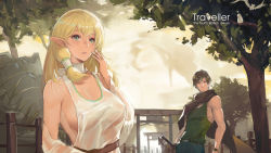 Rule 34 | 1boy, 1girl, belt, blonde hair, breasts, brown hair, cape, cleavage, commentary request, covered erect nipples, detached collar, detached sleeves, dress, elf, fairy, fence, green eyes, green tank top, hand on own cheek, hand on own face, large breasts, long hair, low-tied long hair, mole, mole under eye, original, outdoors, pandea work, pants, pointy ears, red eyes, scenery, see-through, sheath, sheathed, short hair, sideboob, sword, tank top, tree, weapon, white dress