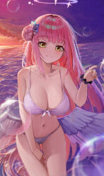 Rule 34 | 1girl, absurdres, alternate costume, angel wings, bare shoulders, bikini, black scrunchie, blue archive, blue flower, blurry, blurry foreground, blush, breasts, cleavage, closed mouth, collarbone, feathered wings, flower, frilled ribbon, frills, front-tie bikini top, front-tie top, glint, hair bun, hair flower, hair ornament, hair ribbon, halo, hand on own leg, highres, hwan (verypoor), index finger raised, korean commentary, large breasts, leaning forward, long hair, looking at viewer, low wings, mika (blue archive), navel, ocean, orange sky, outdoors, pink hair, purple sky, revision, ribbon, scrunchie, single side bun, sky, smile, soap bubbles, solo, stomach, sunset, swimsuit, thighs, very long hair, white bikini, white ribbon, white wings, wings, wrist scrunchie, yellow eyes