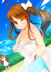 Rule 34 | 2girls, ahoge, barefoot, beach, breasts, brown hair, cleavage, commentary request, day, dress, fingernails, food, foreshortening, from side, hair ribbon, idolmaster, large breasts, long fingernails, long hair, multiple girls, ogami tamaki, one eye closed, outdoors, parted bangs, popsicle, red hair, ribbon, sky, smile, snake, tokoro megumi, twintails, very long hair, wavy hair, wink, yuuji (yukimimi)