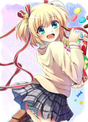Rule 34 | 1girl, blonde hair, blush, candy, cookie, food, green eyes, hair ribbon, kamikita komari, little busters!, looking back, macaron, open mouth, panties, pantyshot, pleated skirt, pocky, ribbon, school uniform, shoes, short hair, skirt, solo, striped clothes, striped panties, tazu, twintails, underwear