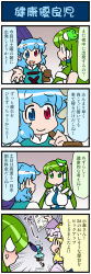 Rule 34 | 4koma, anger vein, arm up, artist self-insert, blonde hair, blue eyes, blue hair, breasts, comic, commentary request, detached sleeves, closed eyes, fleeing, flying sweatdrops, frog hair ornament, green eyes, green hair, hair ornament, hair tubes, hand up, hat, heterochromia, highres, holding, holding umbrella, japanese clothes, juliet sleeves, kochiya sanae, large breasts, long hair, long sleeves, mizuki hitoshi, mob cap, nontraditional miko, open mouth, puffy sleeves, red eyes, short hair, skirt, smile, snake hair ornament, sweatdrop, tatara kogasa, touhou, translation request, umbrella, vest, wide sleeves, yakumo ran